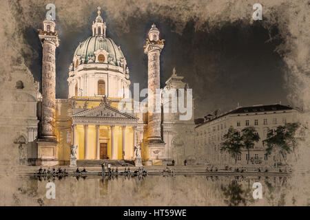 Karlskirche oder St. Charles Kirche - eine der berühmten Kirchen in Wien, Österreich. Moderne Malerei. Gebürstete Kunstwerk basierend auf Foto. Hintergrundtextur. Stockfoto