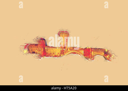 Schloss Vecchio in der Sommernacht in Verona, Italien. Moderne Malerei. Gebürstete Kunstwerk basierend auf Foto. Stockfoto