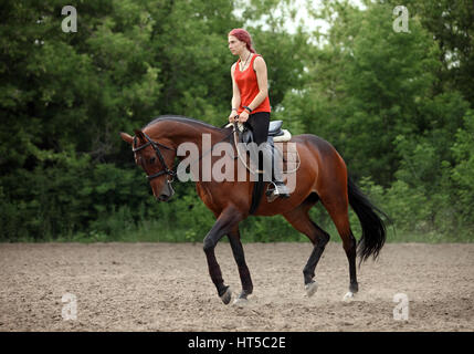 Pferdesport Mädchen reiten entlang Waldweg Stockfoto