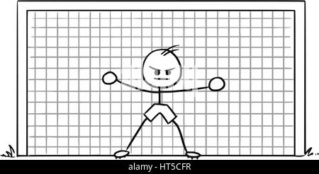 Cartoon Vector Doodle Stickman Fußball Fußball-Torwart ist bereit, einen Ball fangen Stock Vektor