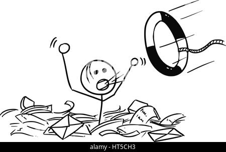 Cartoon-Vektor doodle Stickman Mann im Büropapier und Rettungsring geworfen in Papier ertrinken Stock Vektor