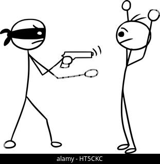 Cartoon-Vektor Stickman zwei Mann während bewaffnete Raubüberfälle, Angriff, Becher, Verbrechen mit Pistole, 1 Mannhände hoch; Räuber mit Maske und Pistole Stock Vektor