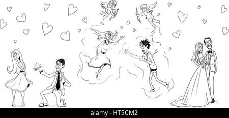 Vektor Doodle Hochzeit Cartoon, drei Bilder von Mann und Frau in der Liebe Stock Vektor