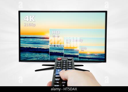 4K TV Display mit Vergleich der Auflösungen. Fernbedienung in der hand Stockfoto