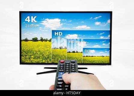 4K TV Display mit Vergleich der Auflösungen. Fernbedienung in der hand Stockfoto