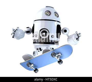 Roboter mit Skateboard. Technologie-Konzept. 3D Illustration. Clipping-Pfad enthält. Stockfoto