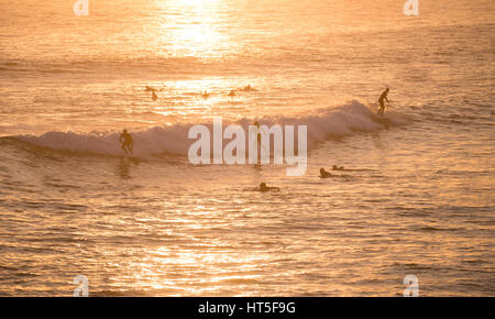 Surfer fangen eine Welle in Huntington Beach Kalifornien bei Sonnenuntergang. Dieses Bild wurde von Huntington Beach Pier im Sommer gemacht. Stockfoto