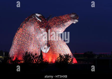 Die Kelpies, 30 Meter hohe Pferdkopf Skulpturen neben dem Forth und Clyde Canal Schottland Stockfoto