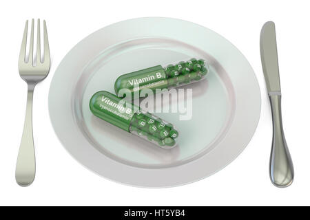 Ernährung und gesunde Mahlzeit Konzept. Platte mit Vitamin B12 Kapseln, 3D rendering Stockfoto