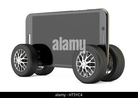 Smartphone auf Rädern, 3D-Rendering isolierten auf weißen Hintergrund Stockfoto