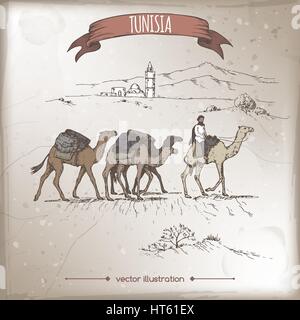 Oldtimer Reise Illustration mit Wüste, Kamele und alte Moschee, Tunesien. Stock Vektor