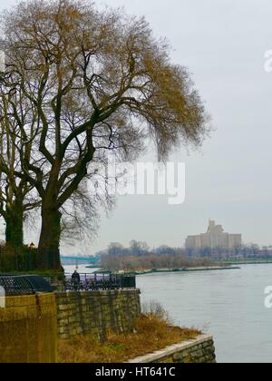 Bäume mit vollen Kronen säumen den Rand des East River während ein einsamer Wanderer den Weg an einem grauen, Wintertag kommt. New York, New York, USA. Stockfoto