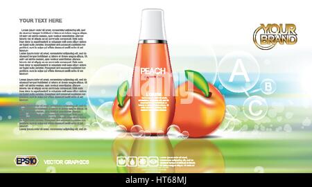 Digital vector rot und orange Dusche Gel Kosmetik-Container Mock-up, Ihre Marke, bereit für print-anzeigen oder Magazin-Design. Pfirsich Obst und Seifenblasen. Stock Vektor