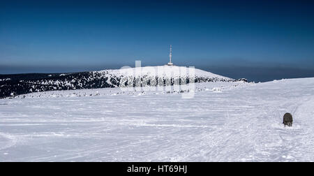 Petrovy kameny mit Felsen und praded Hügel mit Kommunikation Turm von vysoka Loch Hügel mit Sandstein Stein im Winter Gesenke Stockfoto