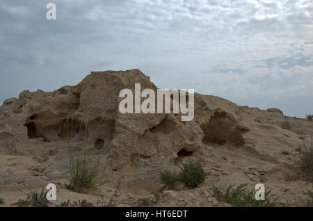Vulkanische Felsen am Strand von Al-Ghariya, Katar Stockfoto