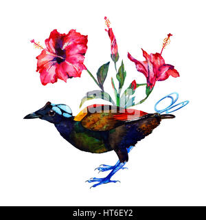 Aquarell crimson tropischen Hibiskusblüten und einen Paradiesvogel. Isoliert auf weißem Hintergrund. Florale Komposition. Gruß/Einladungskarte. Stockfoto