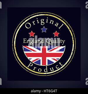 Gold Grunge Stempel mit England Textqualität und Originalprodukt. Etikett enthält Englands Flagge. Stock Vektor