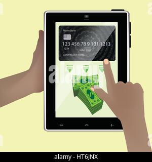 Konzept der Geld von einem Konto abheben. Smart Tablet Hintergrund Kreditkarte realistische Geld mit abstrakten geometrischen Design, isoliert auf grünen ba Stock Vektor