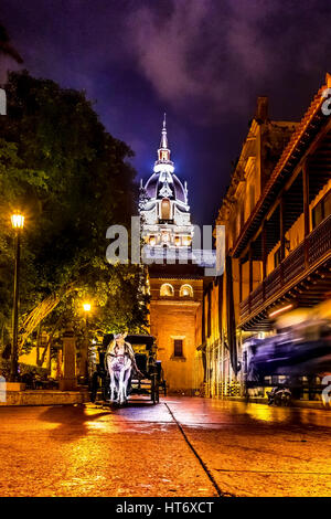 Straße und Santa Catalina de Alejandria Kathedrale bei Nacht - Cartagena de Indias, Kolumbien Stockfoto