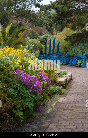 Eingang zur Abtei Gärten Tresco mit blaue Brücke, Isles of Scilly, Scillies, Cornwall im April Stockfoto