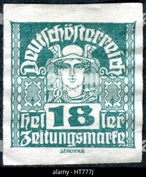Österreich - ca. 1921: Eine Briefmarke gedruckt in Österreich (Zeitung Stempel), zeigt ein Mercury ca. 1921 Stockfoto