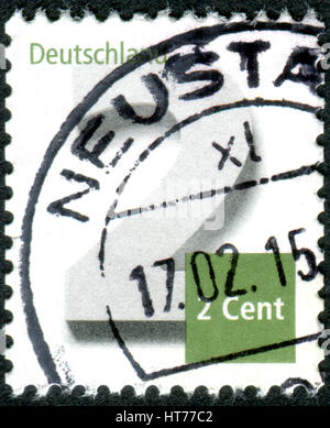 Deutschland - ca. 2013: Ein Stempel (Porto) gedruckt in Deutschland, zeigt einen Wert 2 Euro-Cent, ca. 2013 Stockfoto