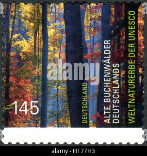 Deutschland - ca. 2014: Eine Briefmarke gedruckt in Deutschland, zeigt die alte Buchenwälder Deutschlands (UNESCO Weltkulturerbe), ca. 2014 Stockfoto