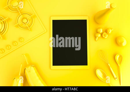 Tablet-Computer mit Sammlung von Gemüse und Geschirr auf den Tisch. 3D Illustration. Stockfoto