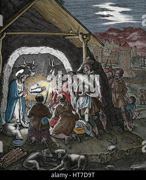 Die Anbetung der Hirten. Evangelium-Illustration von Jerome Nadal (1507-1580). Gravieren später Färbung. Stockfoto