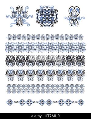 Vector set Linie Kunst Rahmen und Grenzen für die Design-Vorlage. Element im östlichen Stil. Schwarze und blaue Kontur floralen Rahmen. Mono Line Dekor für in Stock Vektor