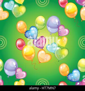 Nahtlose Vektormuster mit bunten Luftballons auf grünem Hintergrund Stock Vektor