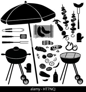 Grill Symbole Vektor einrichten. bbq Illustrationen Sammlung von Silhouette auf weißem Hintergrund. . Stock Vektor