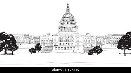 Washington Dc Capitol Landschaft, usa. Bleistift Zeichnung. Capitol Building Hand gezeichnet Vector Illustration. United States Capitol grunge Stempel (Capi Stock Vektor