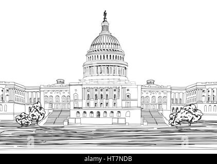 Washington Dc Capitol Landschaft, usa. Bleistift Zeichnung. Capitol Building Hand gezeichnet Vector Illustration. United States Capitol grunge Stempel (Capi Stock Vektor