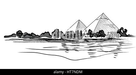 Ägyptischen Pyramiden Landschaft. Bleistift gezeichnet Vector Illustration. Stock Vektor