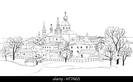 Alte russische Stadt Landschaft Hand gezeichnet Vector Illustration. Susdaler Kreml. Blick von suzdal Stadtbild. den goldenen Ring von Russland. Stock Vektor