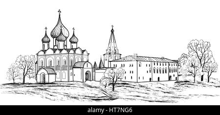 Alte russische Stadt Landschaft Hand gezeichnet Vector Illustration. Susdaler Kreml. Blick von suzdal Stadtbild. den goldenen Ring von Russland. Stock Vektor