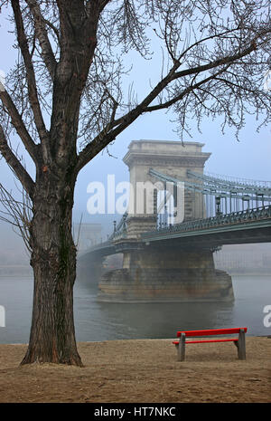 Die Donau und Széchenyi Kettenbrücke halb verborgen im Nebel. Budapest, Ungarn. Foto von der Seite von Pest. Stockfoto