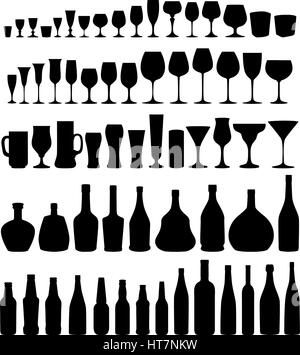 Glas und Flasche Vektor silhouette Kollektion. Stellen Sie verschiedene Getränke und Flaschen auf weißem Hintergrund. Stock Vektor