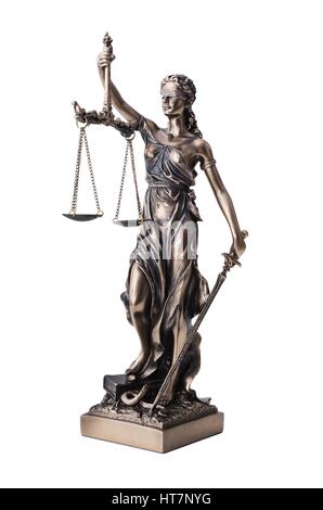 Themis mit Waage und Schwert, isoliert auf weiss. Recht und Gesetz-Symbol-statue Stockfoto