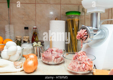 Home Elektro Fleischwolf macht Schweinefleisch-Füllung in eine moderne Küche. Schweinefleisch-Füllung in eine Glasschüssel. Stockfoto