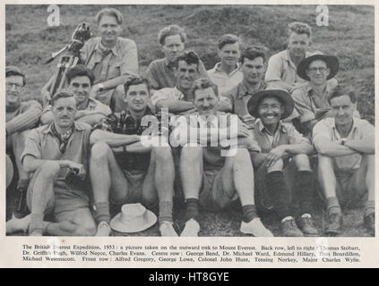 Gruppenfoto von 1953-Everest-Expedition und die erfolgreiche Gipfel des Mount Everest durch Sir Edmund Hilary und Sherpa Tenzing Norgay am 29. Mai 1953 Stockfoto