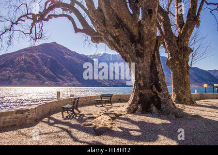 Blick auf den Comer See bei einem Spaziergang zwischen der Stadt Menaggio & Lenno (entlang des Zentrums der West-Küste), Lombardei, Italien. Stockfoto