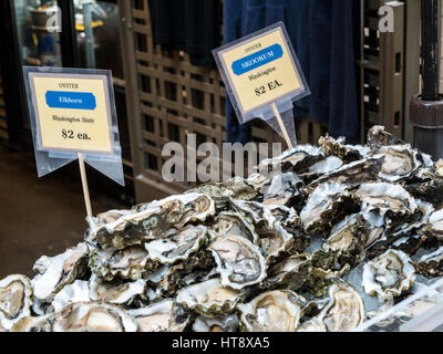 Austern FÄHRGEBÄUDE SAN FRANCISCO Washington State Austern Elkhorn und Skookum im Ferry Building Fish Market Stall Embarcadero San Francisco California USA zu verkaufen Stockfoto