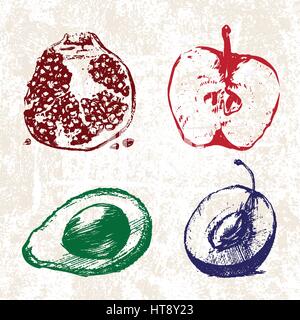 Digitale Vektor detaillierte Farbe Frucht handgezeichnete Retro-Abbildung Sammlungssatz. Dünne lineare Kunststift Gliederung. Vintage Tinte flachen Stil, Gravieren Stock Vektor
