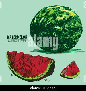 Digitale Vektor detaillierte Farbe Wassermelone handgezeichnete Retro-Abbildung Sammlungssatz. Dünne lineare Kunststift Gliederung. Flachen Stil Vintage Tinte, en Stock Vektor