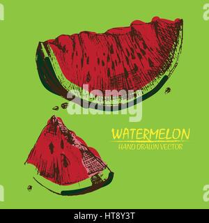 Digitale Vektor detaillierte Farbe Wassermelone handgezeichnete Retro-Abbildung Sammlungssatz. Dünne lineare Kunststift Gliederung. Flachen Stil Vintage Tinte, en Stock Vektor