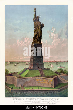 "Freiheit erleuchtet die Welt" oder die Freiheitsstatue. Farbe Abbildung veröffentlicht im Jahre 1883 (3 Jahre vor der Installation) zeigt, wie die Statue von Bartholdi entworfen auf seinem Podest auf Insel Bedloes (jetzt "Freiheit") sitzen würde. Die Abbildung zeigt das Statut, wie es in dumpfen Kupfer aus ihr Engagement im Jahr 1886 bis zur Wende des Jahrhunderts aussah als die mittlerweile vertraute blaue grüne Grünspan gebildet. Auch gezeigt, ist Sockel Originaldesign von Richard Morris Hunt, bevor seine Höhe reduziert wurde, um Geld zu sparen. Stockfoto