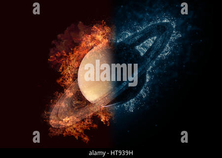 Planet Saturn in Feuer und Wasser. Sci-Fi-Konzeptzeichnung Stockfoto