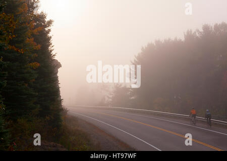 Zwei Radfahrer fahren entlang einer nebligen Straße in Algonquin Provincial Park, Ontario, Kanada. Stockfoto